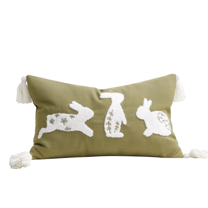 Embroidered Bunny Appliqué Tassel Lumbar Pillow Cover