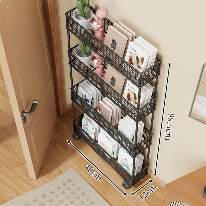 Slim Four-Tier Metal Mesh Narrow Bookshelf Organizer