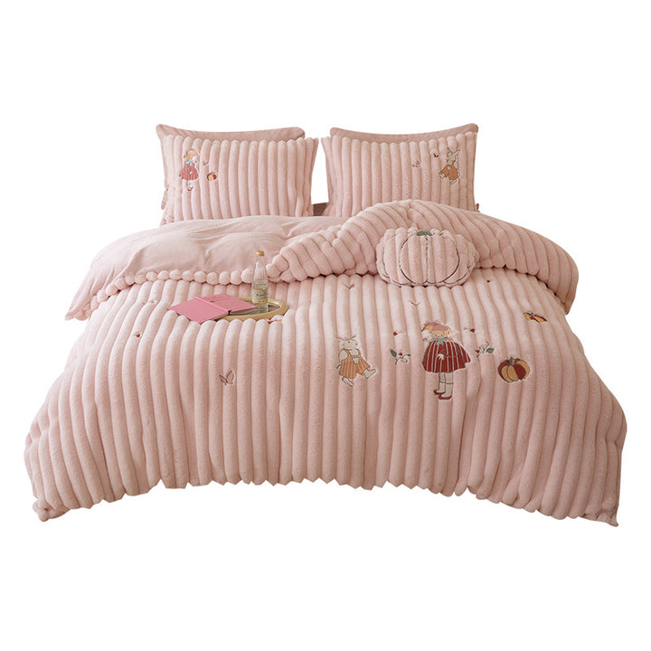 Plush Ribbed Corded Duvet Cover Set with Embroidered Whimsical Motifs