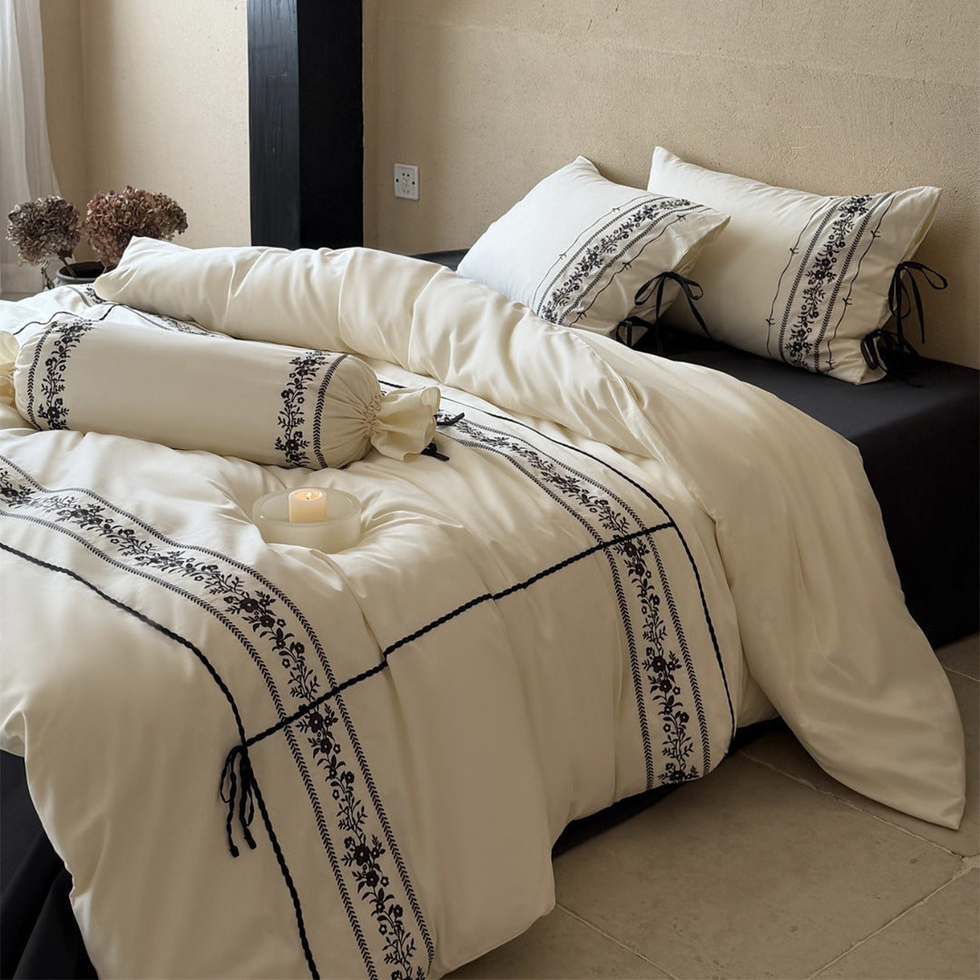 Embroidered Floral Border Cotton Sateen Duvet Cover Set with Pillow Shams and Bolster