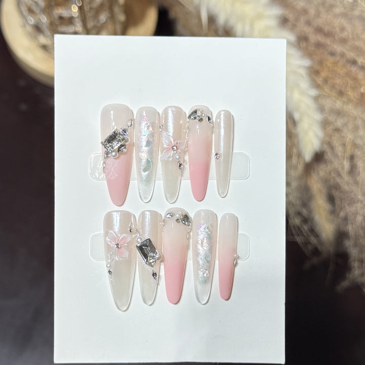 Elegant Stiletto Press-On Nail Art Set with Decorative Floral Accents Stornfield