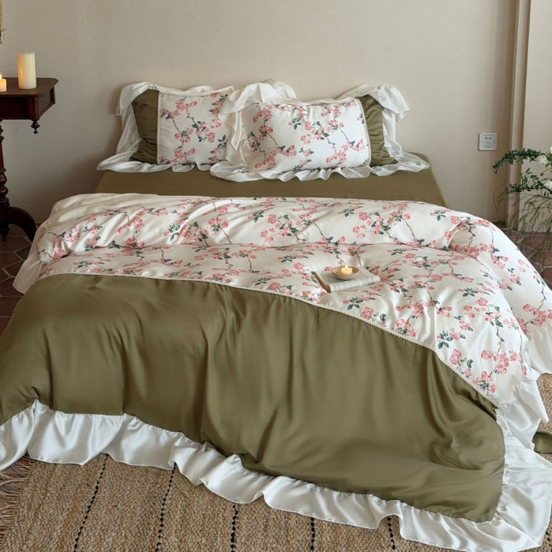Reversible Botanical Blossom Duvet Cover with Satin Ruffle Pillow Sham Set