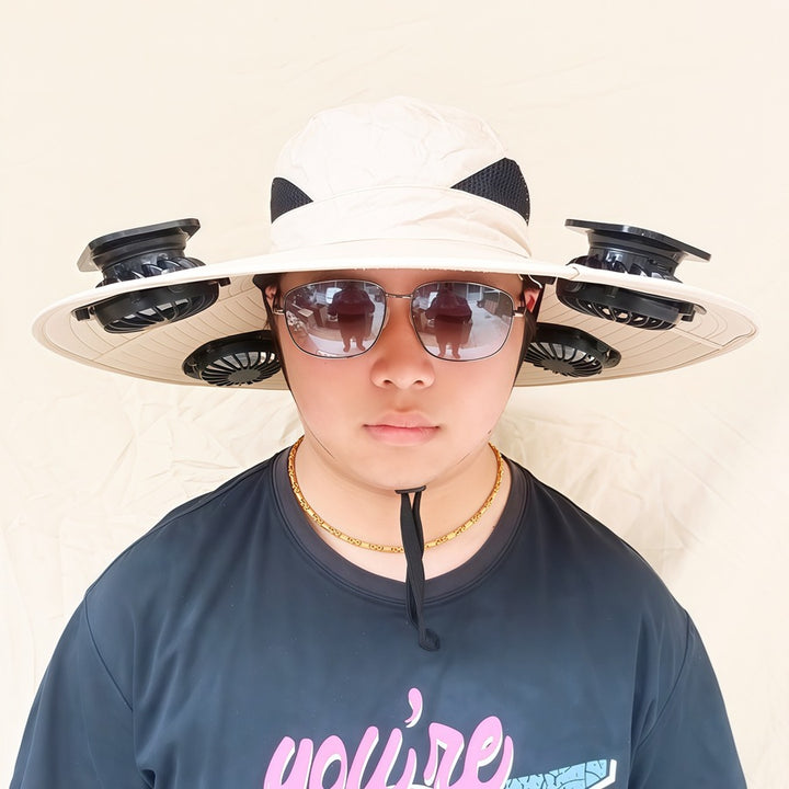 Wide-brimmed sun hat with detachable swivel solar fans and adjustable chin strap Stornfield