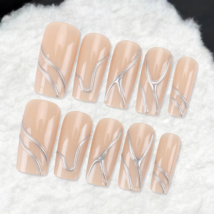 Artistic Press-On Nail Design with Elegant Graphical Accents Stornfield