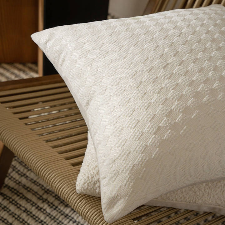 Square decorative pillow with woven triangle structure and removable cover