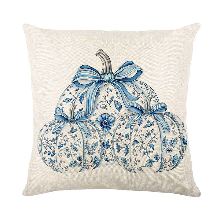 Decorative Linen Throw Pillow Cover with Floral Pumpkin Illustration and Bow Accents