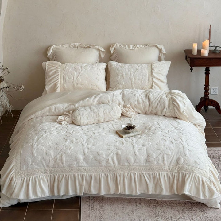 Embossed Floral Quilted Duvet Cover Set with Ruffled Skirt Lace-Trim & Bolster Pillow
