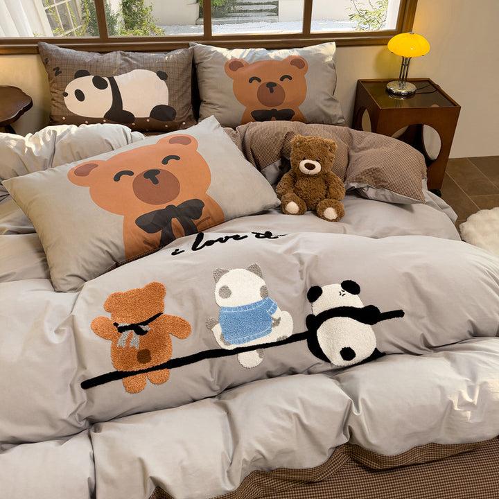Cartoon Puppy Embroidered Cotton Duvet Cover Bedding Set with Plaid Accents