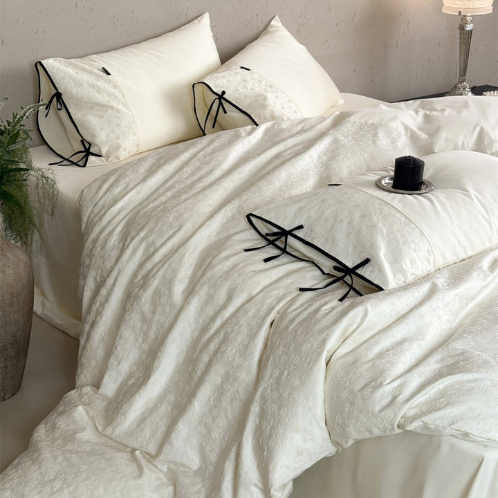 Embroidered Cotton-Sateen Duvet Cover Set with Contrast Tie Bows and Eyelet Floral Texture