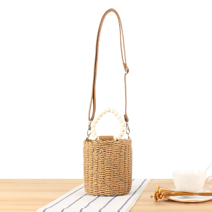 Handbag Made of Woven Natural Material with Decorative Wooden Handle Stornfield