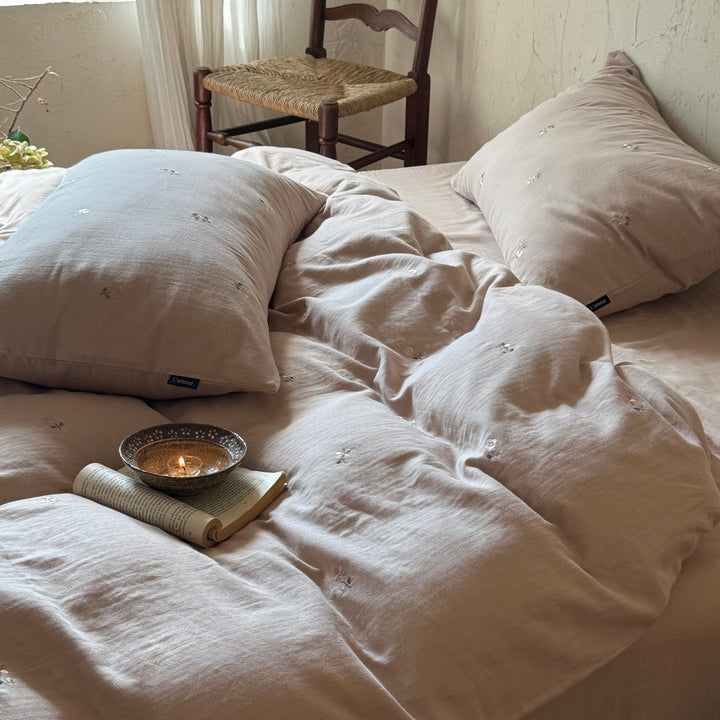 Embroidered Mini Floral Cotton Duvet Cover Set with Pillowcases