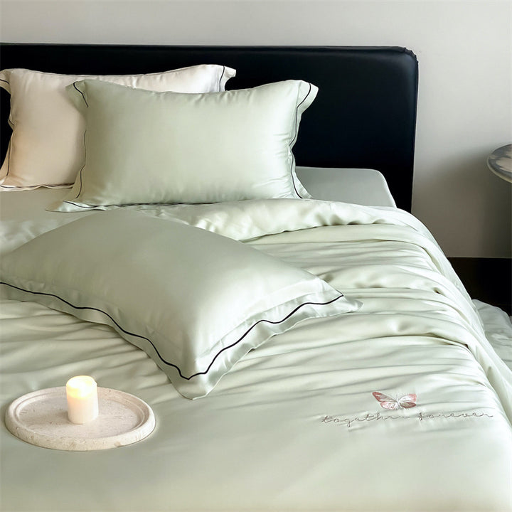 Elegant Satin Bedding Set with Fine Piping and Embroidered Butterfly