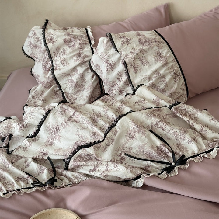 Ruffled Toile Floral Duvet Cover Set with Layered Ruffle Bed Skirt & Decorative Shams