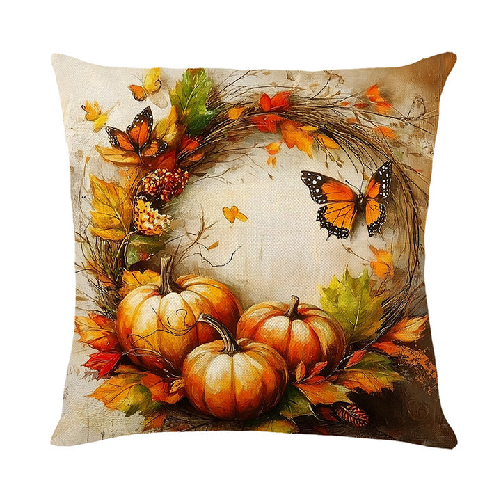 Autumn Harvest Sunflower & Pumpkin Linen-Texture Square Throw Pillow Cover with Hidden Zipper
