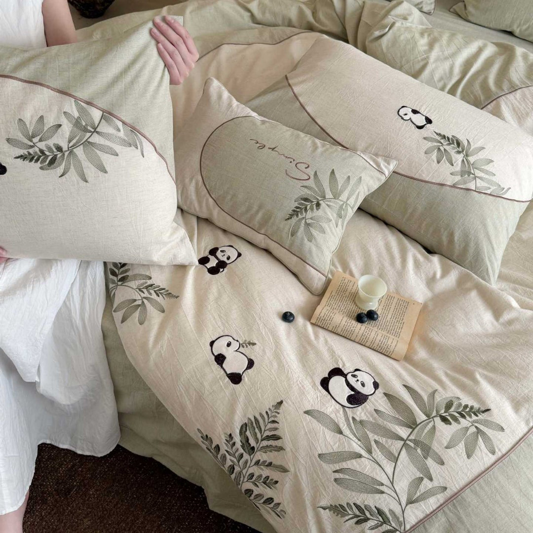 Embroidered Panda & Botanical Cotton-Linen Duvet Cover Set with Envelope Pillow Shams