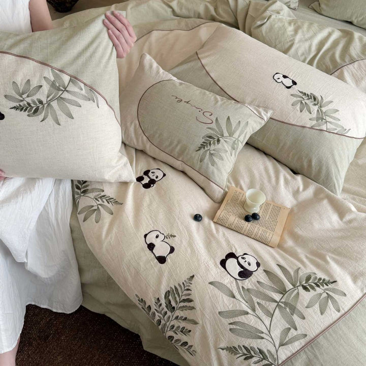Embroidered Panda & Botanical Cotton-Linen Duvet Cover Set with Envelope Pillow Shams