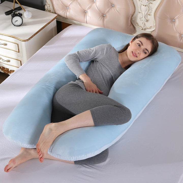 ergonomic U-shaped full-body maternity support pillow with removable washable velour cover and adjustable inner bolster Stornfield