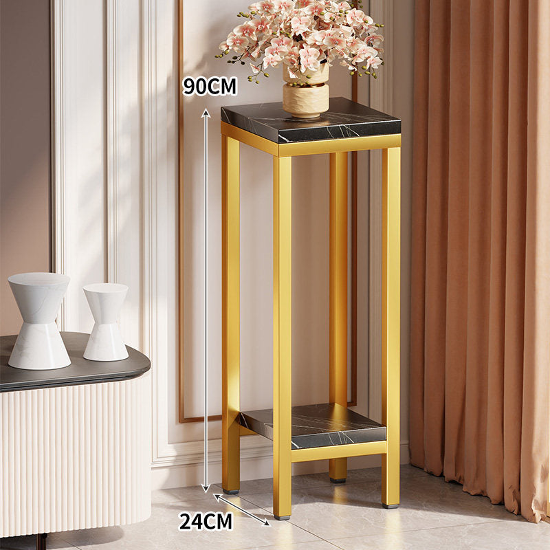 Tall Narrow Marble-Top Plant Stand Side Table with Lower Shelf and Gold Metal Frame