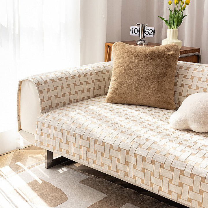 Three-seater sofa with geometric jacquard cover and sleek metal legs Stornfield