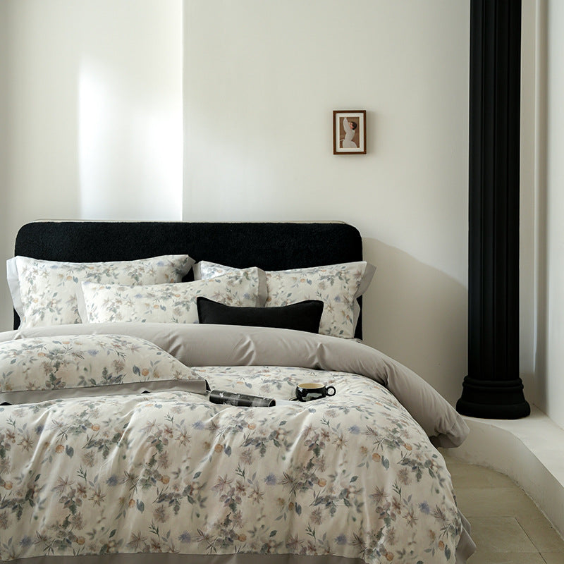 Botanical-Print Washed Cotton Duvet Cover Set with Contrast Hem and Oxford Border Pillowcases