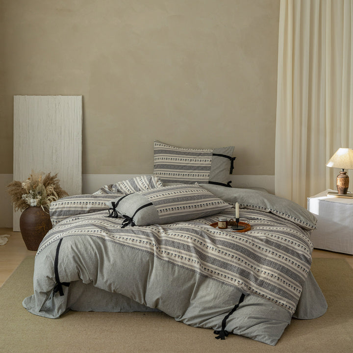 Linen-Cotton Duvet Cover Set with Tie Closures and Micro Floral Stripe