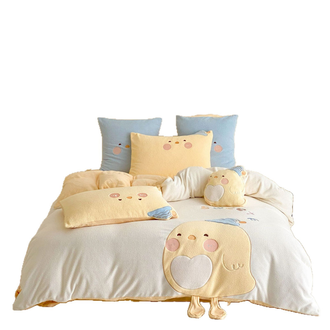 Children's Cute Plush Appliqué Cotton Duvet Cover Set with Plush Pillow Shams