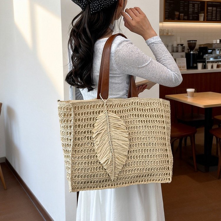 Macramé Beach Bag with Leather Accents Stornfield