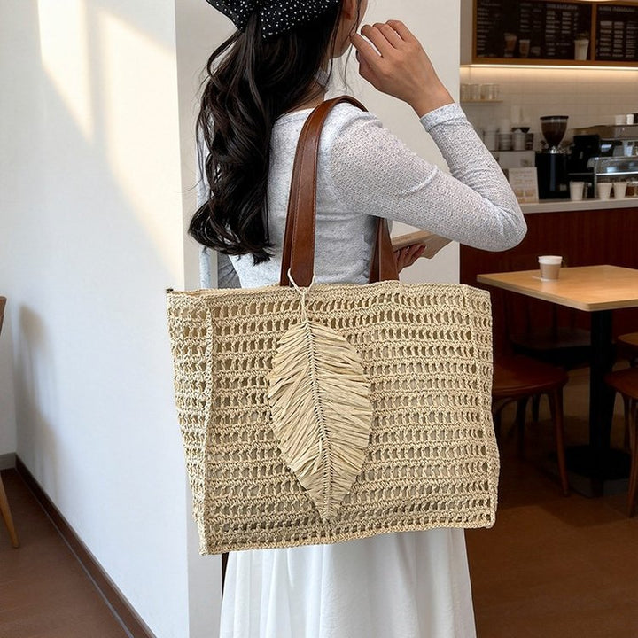 Macramé Beach Bag with Leather Accents Stornfield