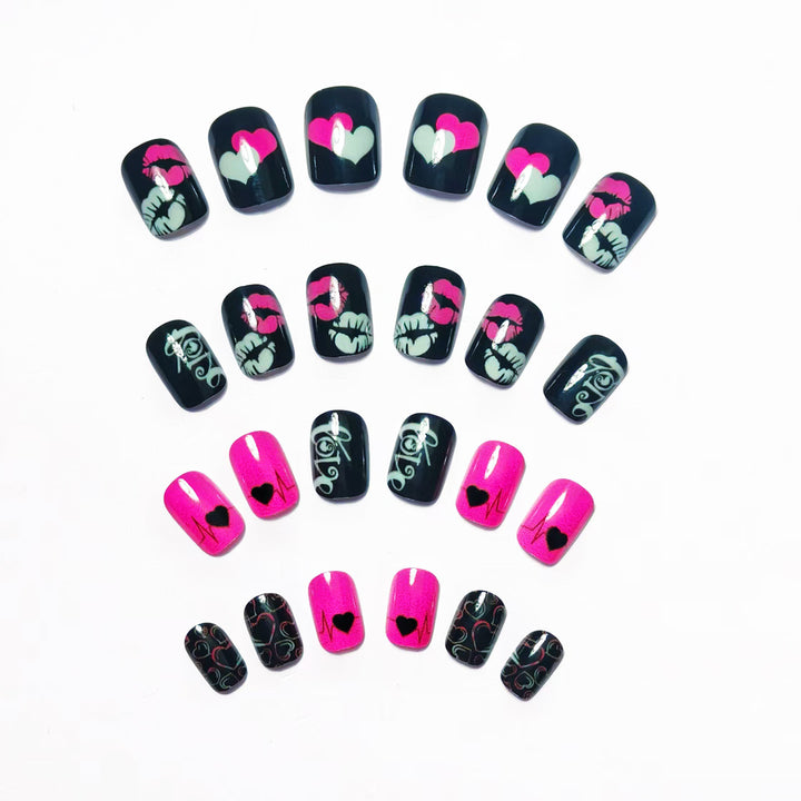 Acrylic nail design with hearts and kiss motifs Stornfield