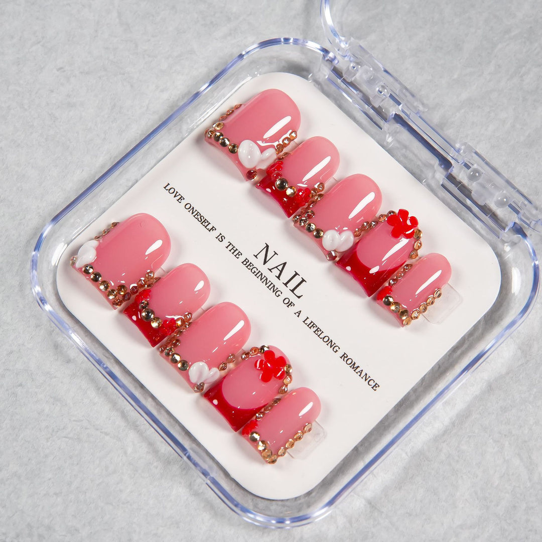 Decorative Press-On Nail Set with Crystal Accents