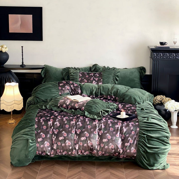 Floral Plush Velvet Panel Duvet Cover Set with Ruched Ruffle Trim