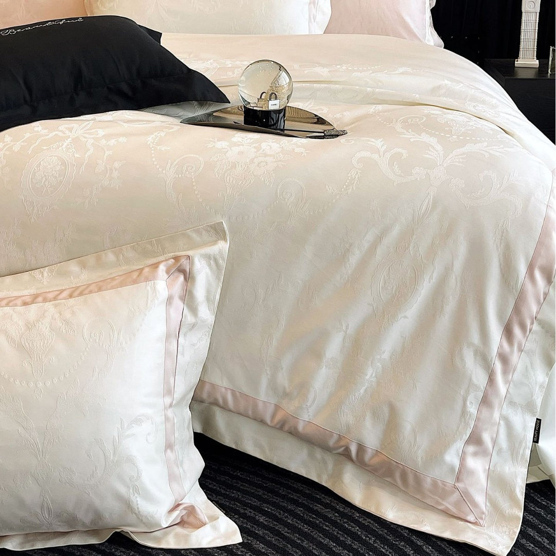 Jacquard cotton satin bed linen set with delicate medallion structure and satin border