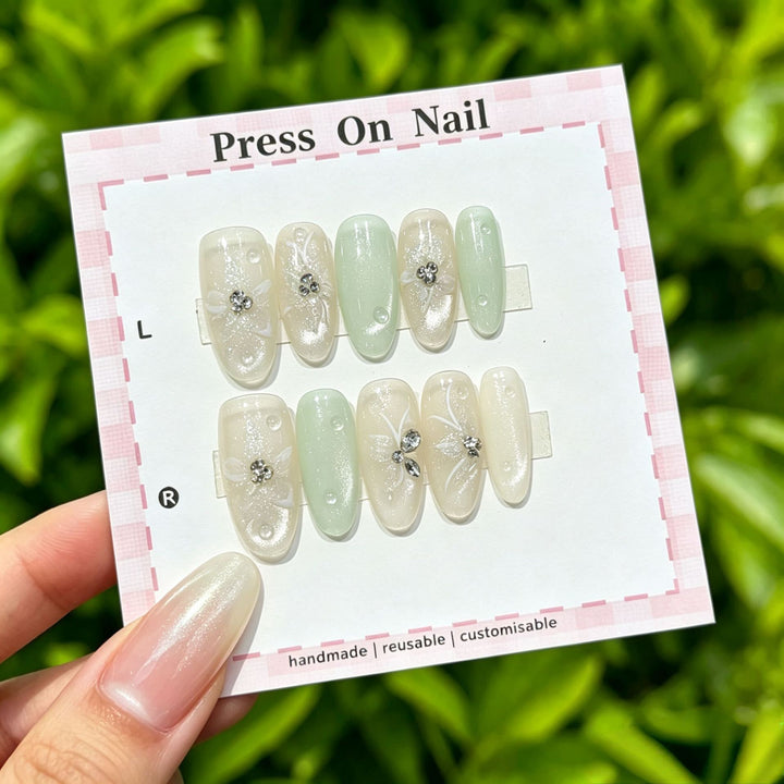 Artistic Press-On Nails Set with Gem Accents