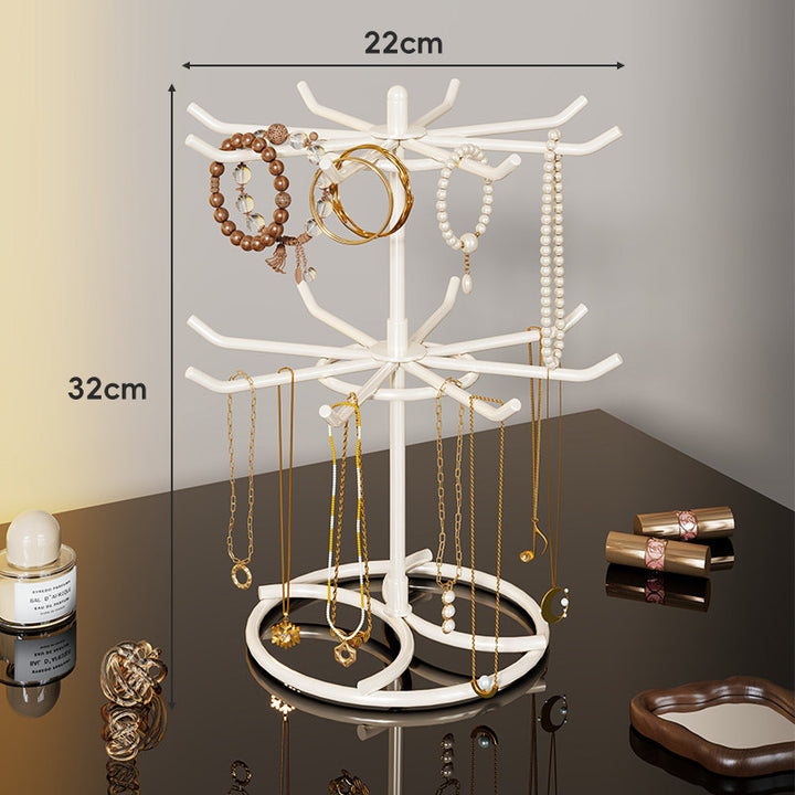 Tiered Rotating Jewelry Tree Organizer with Multi-Arm Hooks and Ring Tray