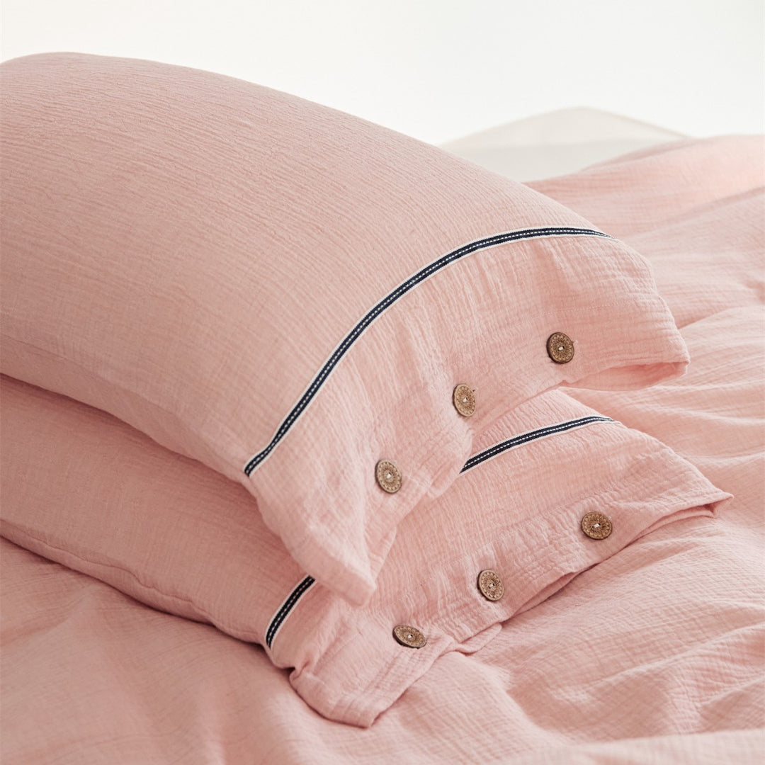 Crinkled Cotton Gauze Duvet Cover & Button-Closure Pillowcase Set with Decorative Metal Buttons and Contrast Tape Trim