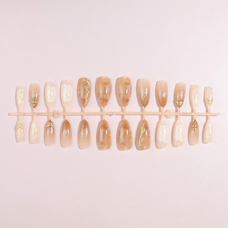 Artistic Press-On Nail Set with Gold and Floral Accents Stornfield