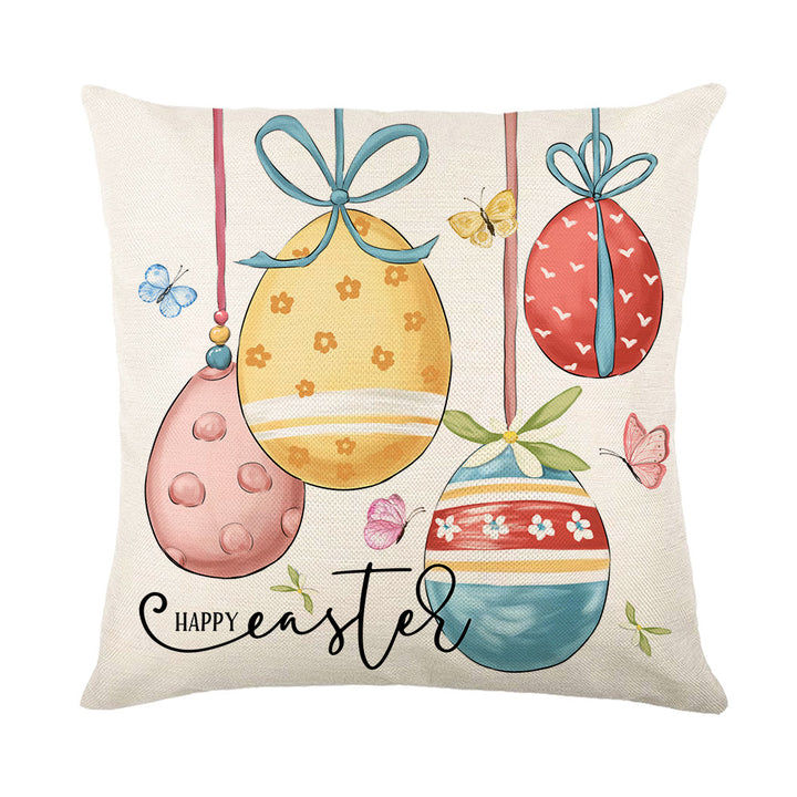 Spring Easter Cotton-Linen Square Decorative Throw Pillow Cover with 'Happy Easter' Script Print