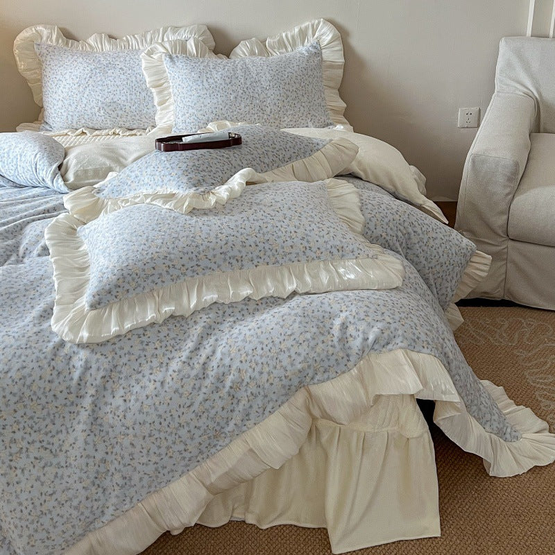 Floral Brushed Cotton Duvet Cover Set with Ruffled Satin Trim