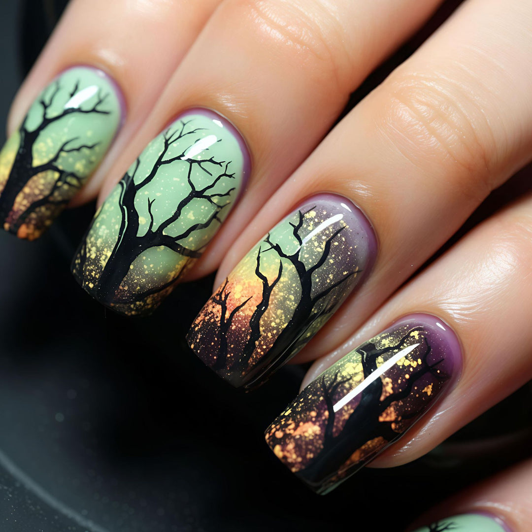Artificial nails with fascinating tree silhouette design Stornfield