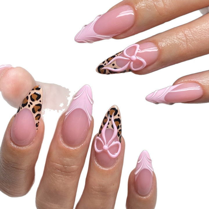 Acrylic Nail Set with Creative Leopard and Bow Accents Stornfield