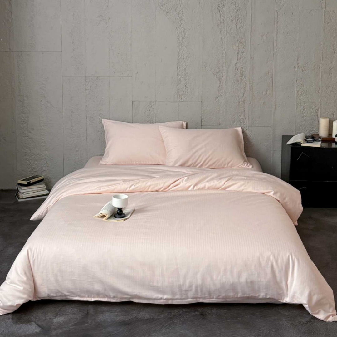 Minimalist Stripe-Textured Cotton Sateen Duvet Cover and Pillowcase Set with Hidden Zipper