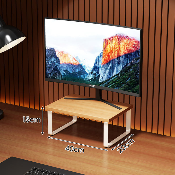 Elevated Wooden-Top Metal Monitor Stand with Under-Storage Shelf