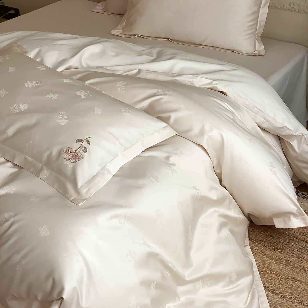 Luxurious cotton satin duvet cover set with fine rose embroidery and jacquard relief