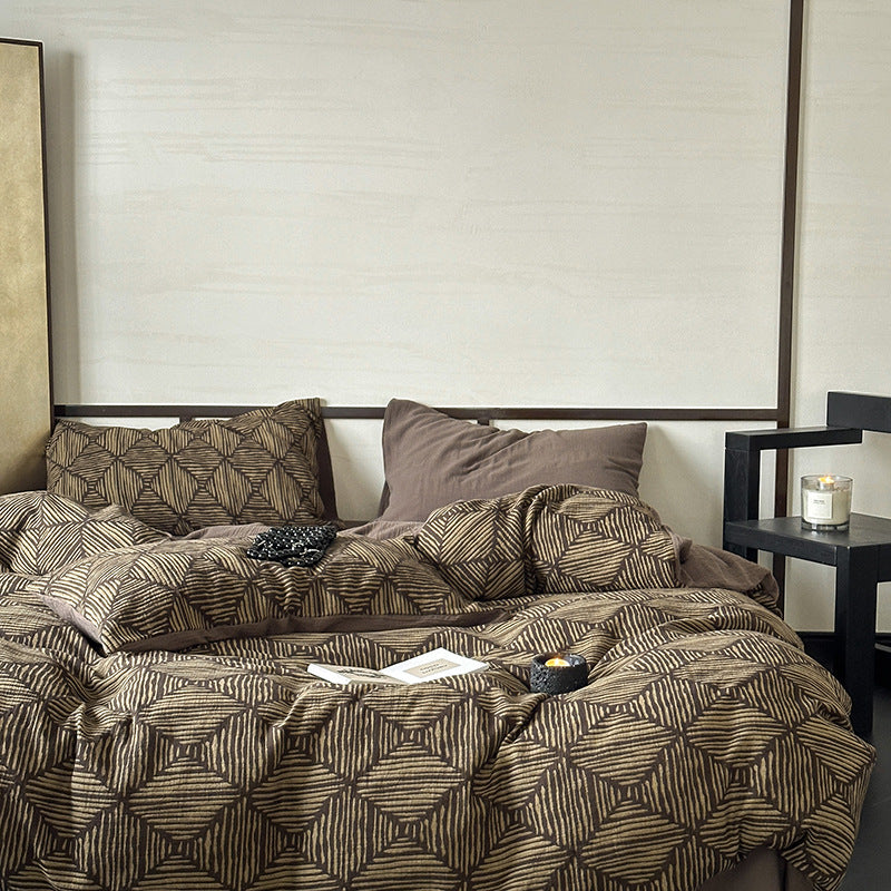 Quilted Reversible Cotton Bed Linen Set with Geometric Block Print