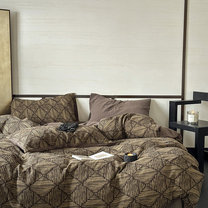 Quilted Reversible Cotton Bed Linen Set with Geometric Block Print