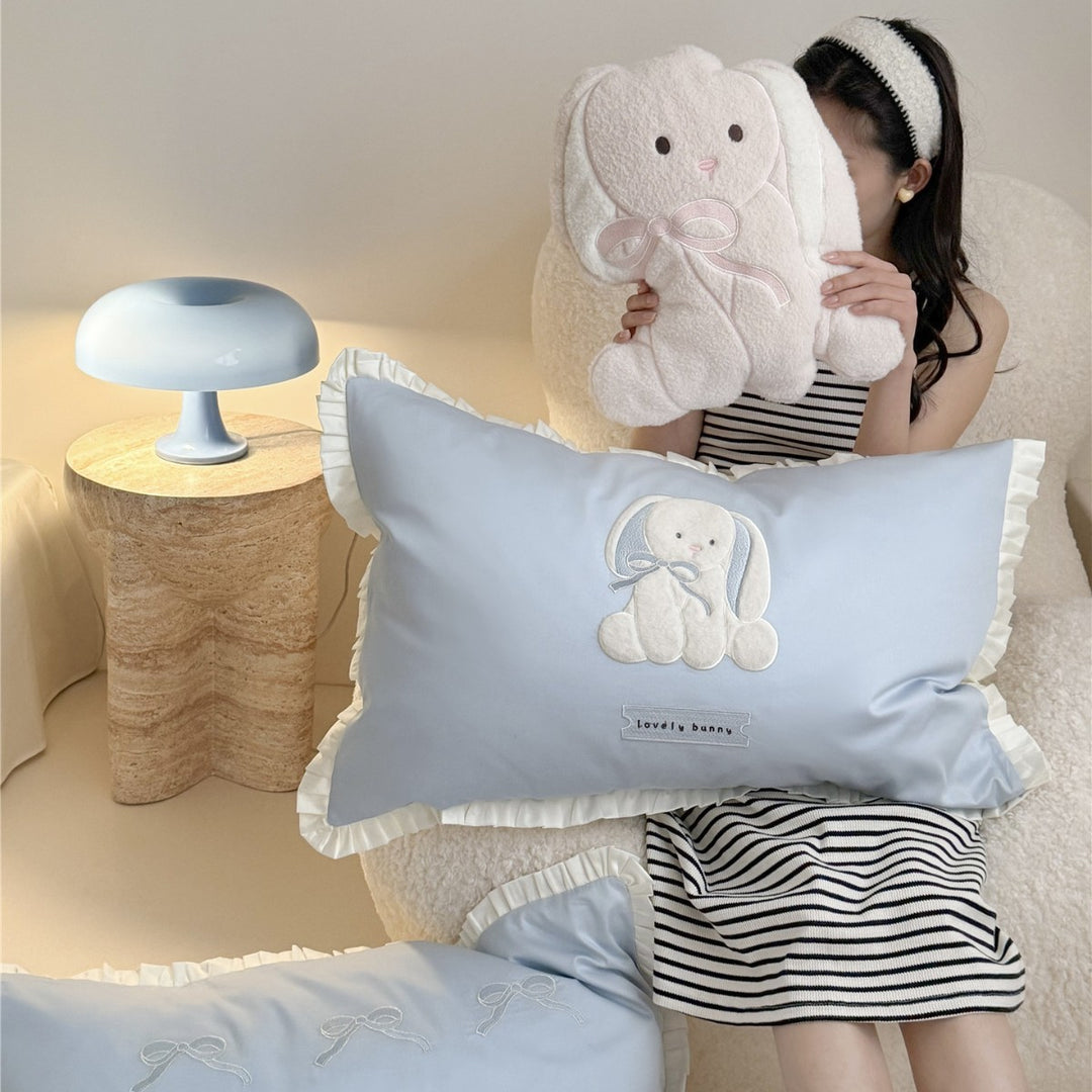 Plush Bunny Embroidered Ruffled Cotton Sateen Duvet Cover Set