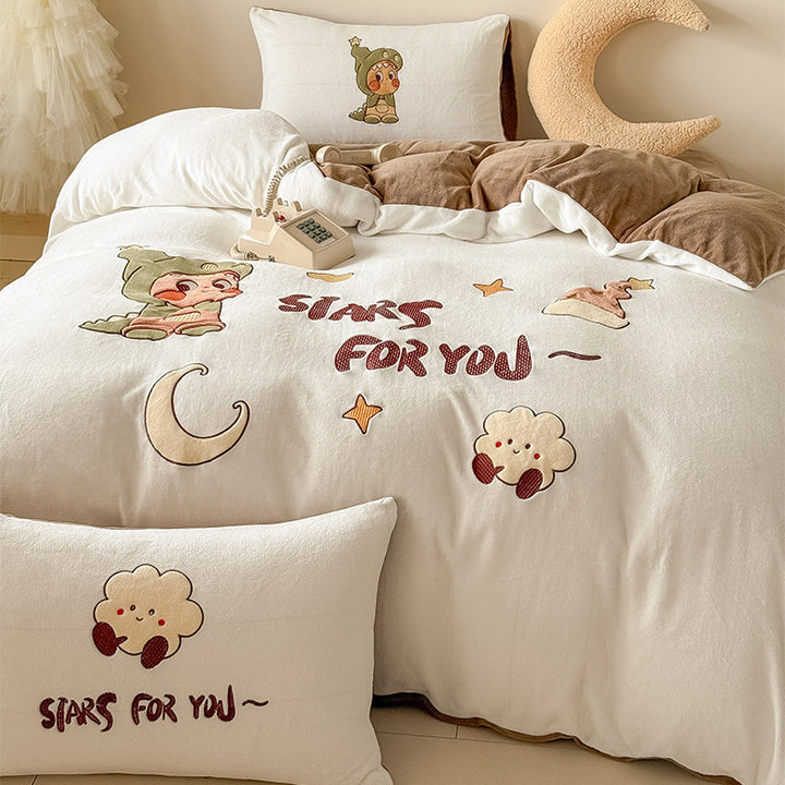 Plush Embroidered Duvet Cover Set with Rabbit Appliqué & Decorative Pillow Shams