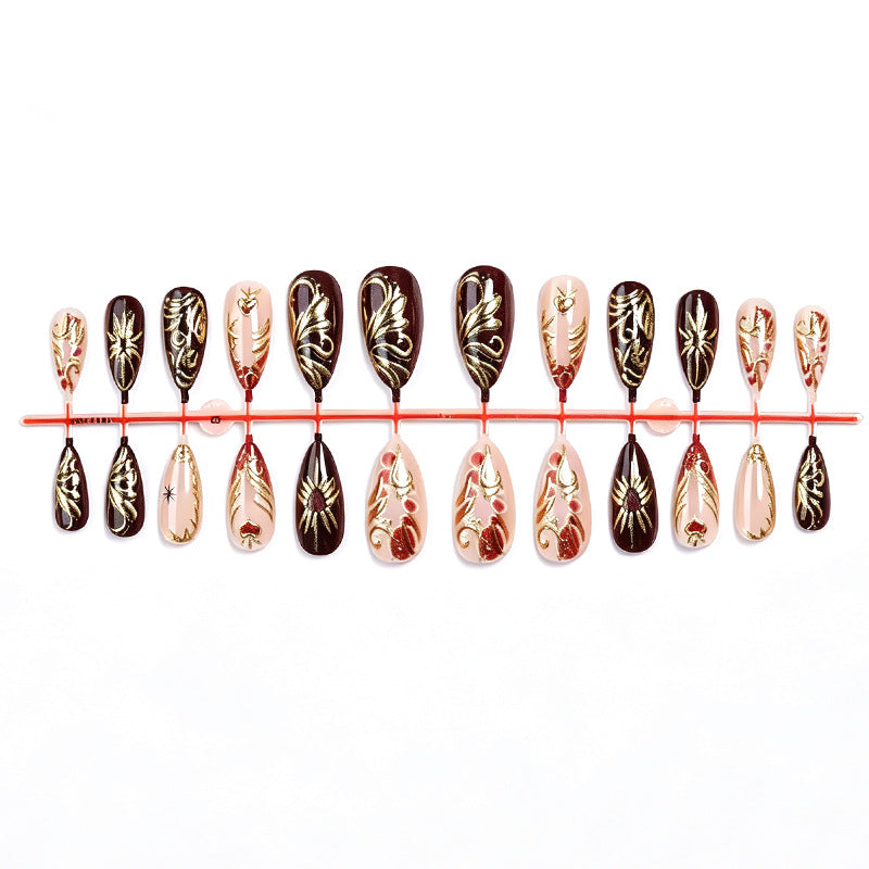Decorative Press-On Nail Art Set with Intricate Gold Floral Design Stornfield