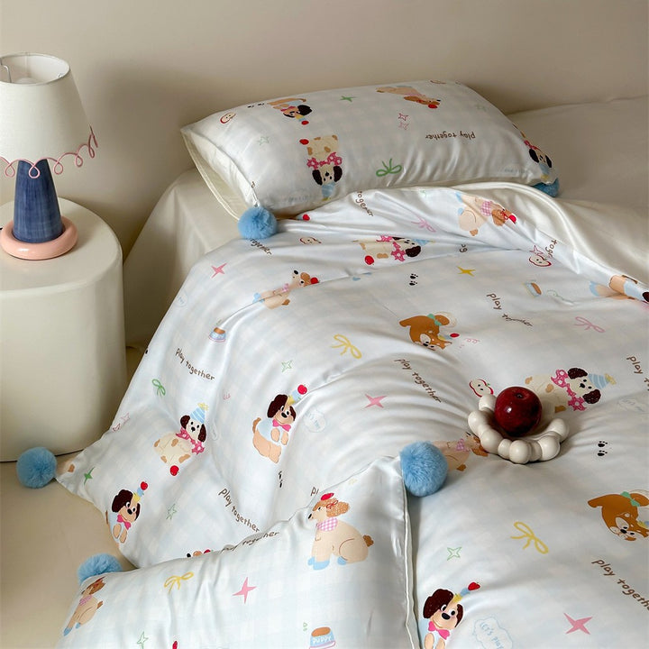 Children's bedding set with cute bunny & strawberry prints, reversible function and pom-pom cushion