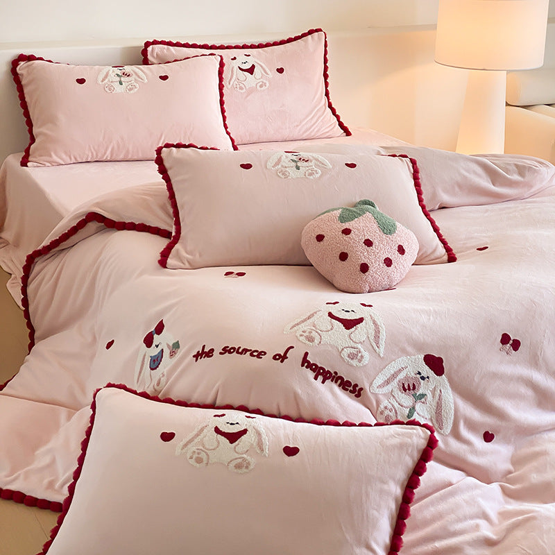Plush Embroidered Bunny Duvet Cover Set with Pom-Pom Scalloped Trim